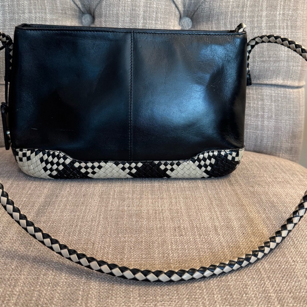 Etienne Aigner Black and Cream Woven-Trim Hobo Bag - Picture 9 of 9